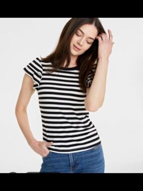 On 34th Striped Flutter Sleeve Women’s Top - Black & White